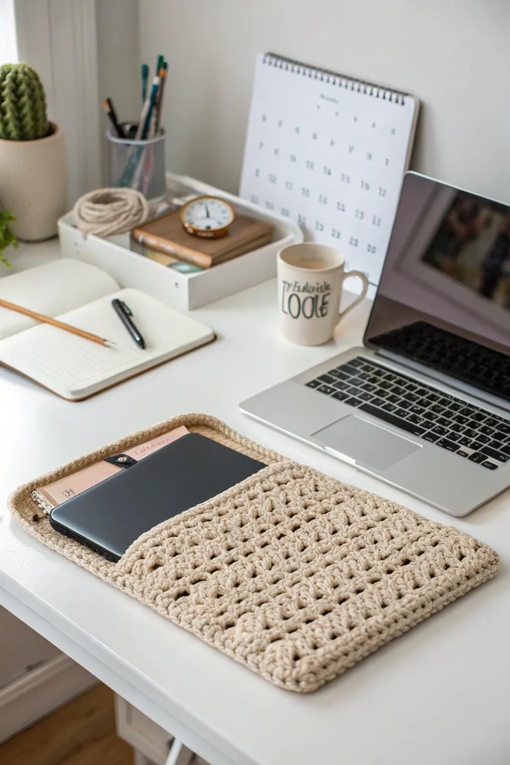 A soft and protective crochet laptop sleeve for the tech-savvy.