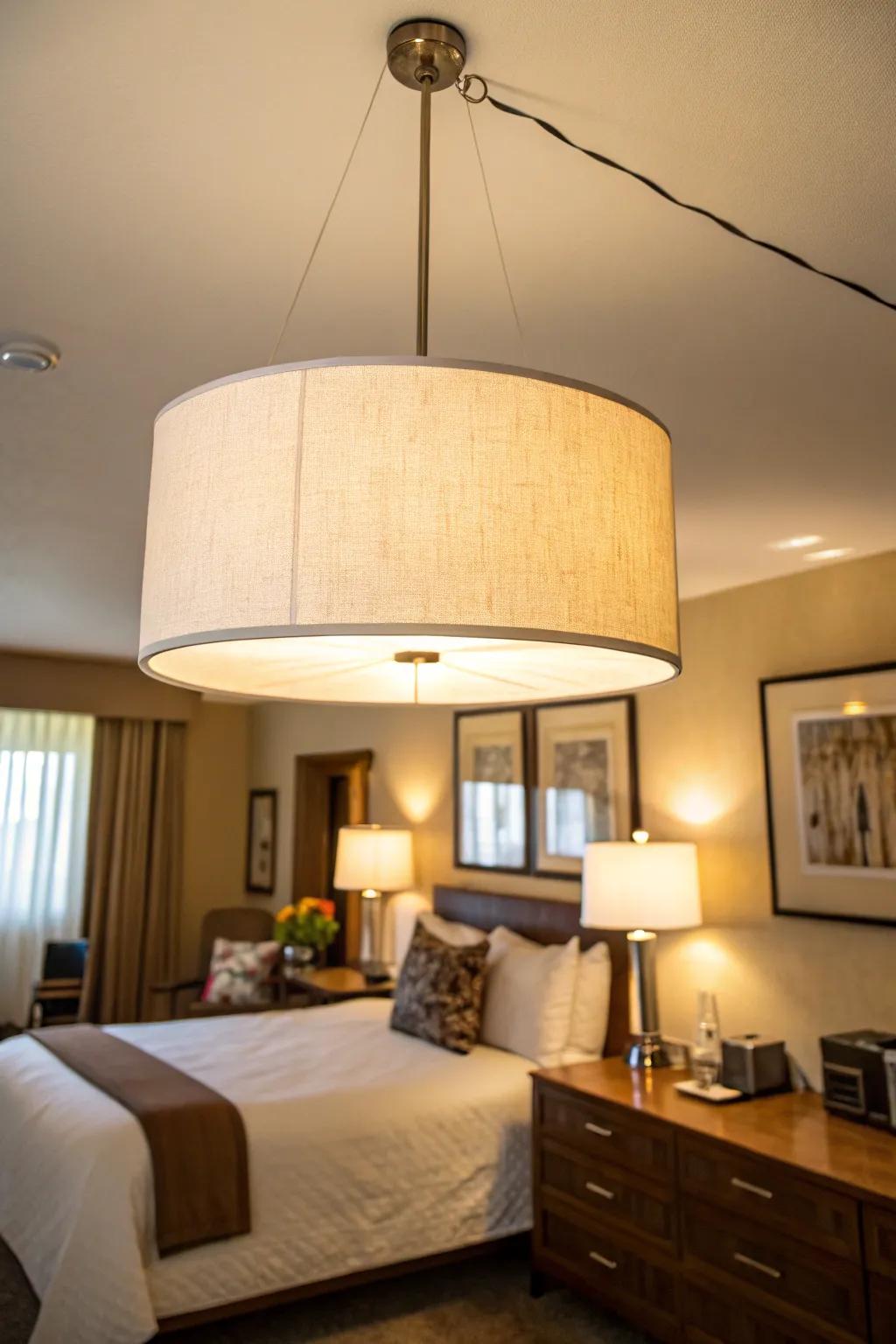 A drum pendant light adds a cozy atmosphere to a guest room.