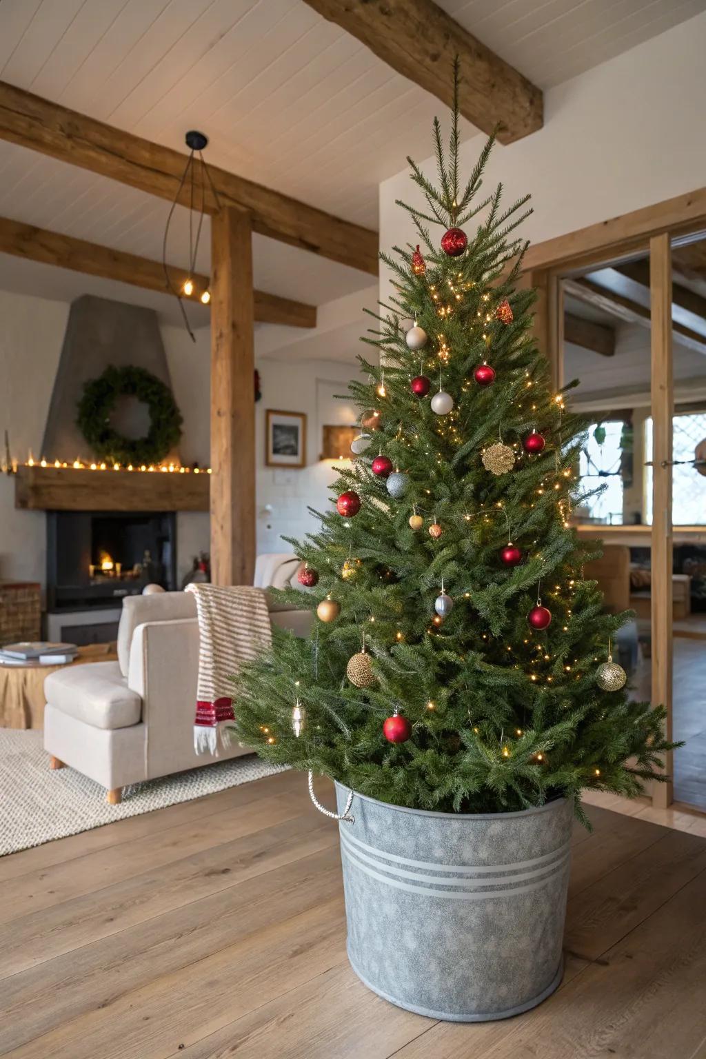 A zinc pail offers a rustic and industrial edge to your tree base.