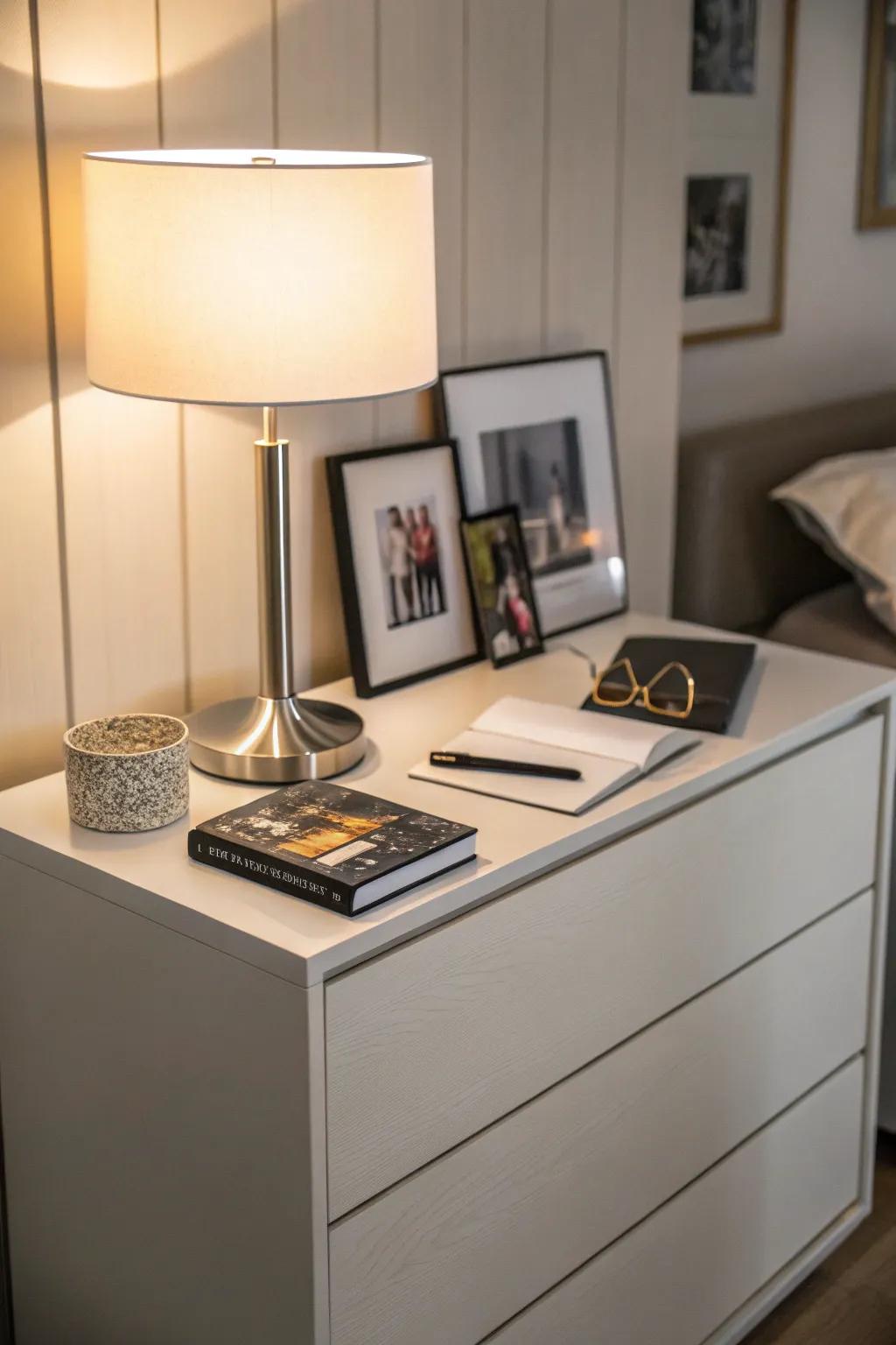 Minimalist elegance with a dresser as a nightstand highlights its natural beauty.