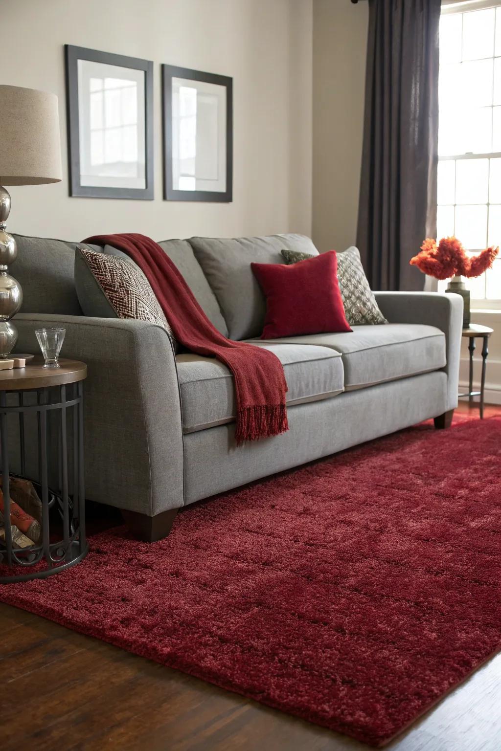 Wine red rugs bring romance and depth to a grey couch setting.