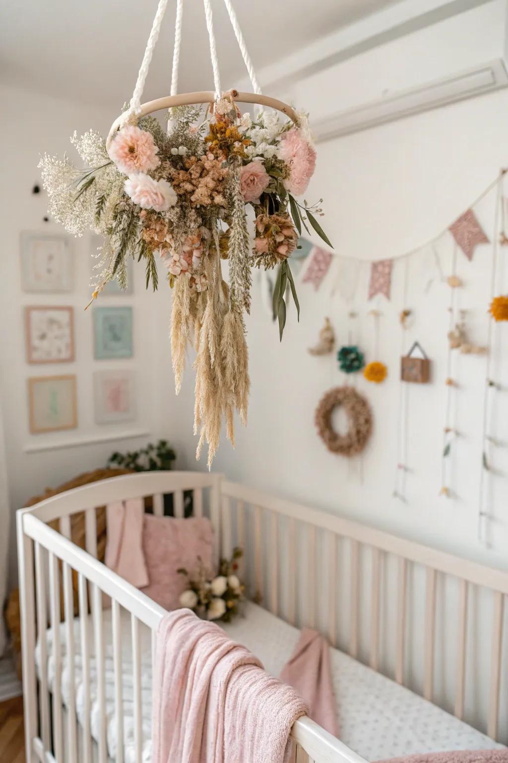 A floral mobile crafted from dried flowers of a wedding bouquet, hanging in a nursery.