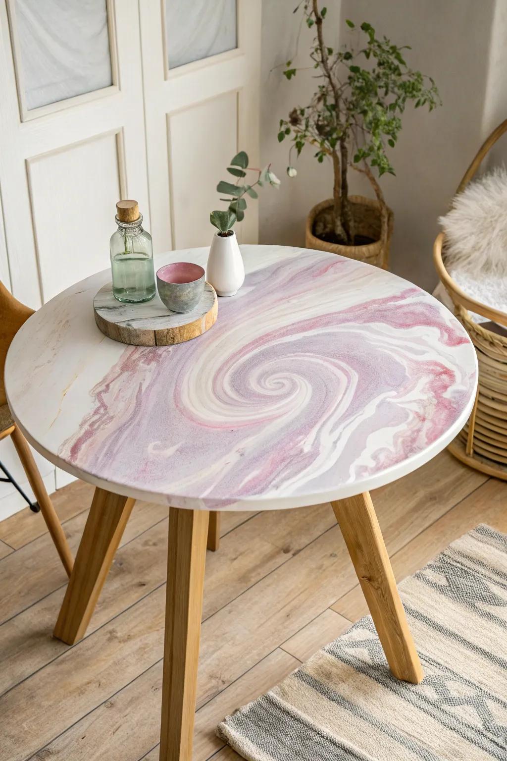 Transform your table into a captivating work of art with a stunning resin pour design that epitomizes elegance and creativity.