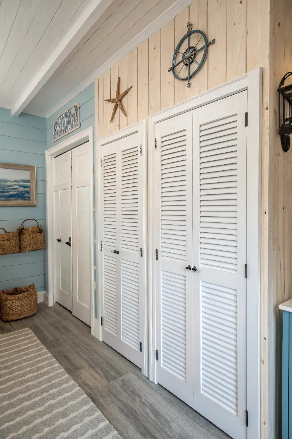 Louvered doors offer traditional style with necessary ventilation.