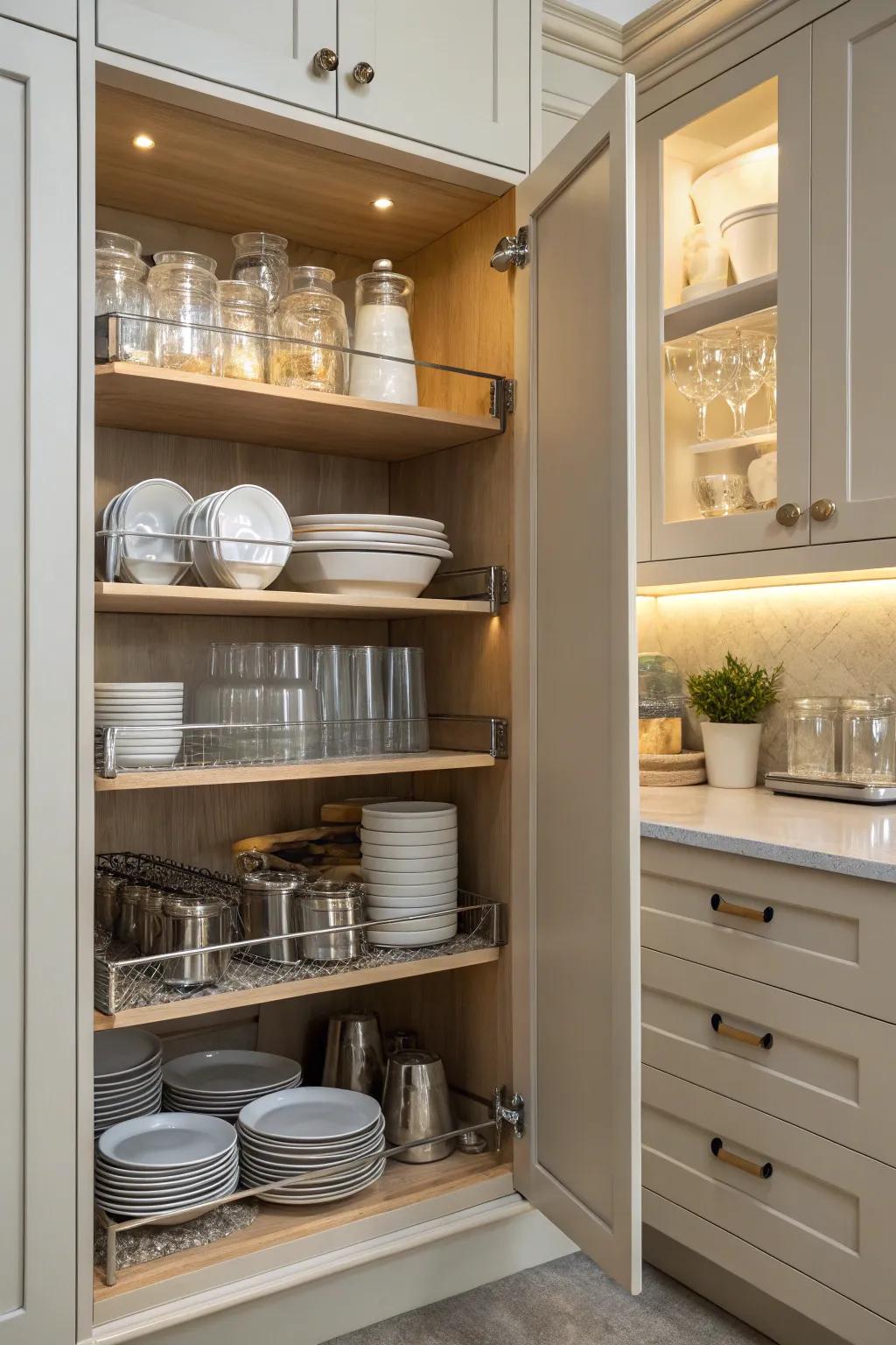 Adjustable shelving offers flexible storage options.