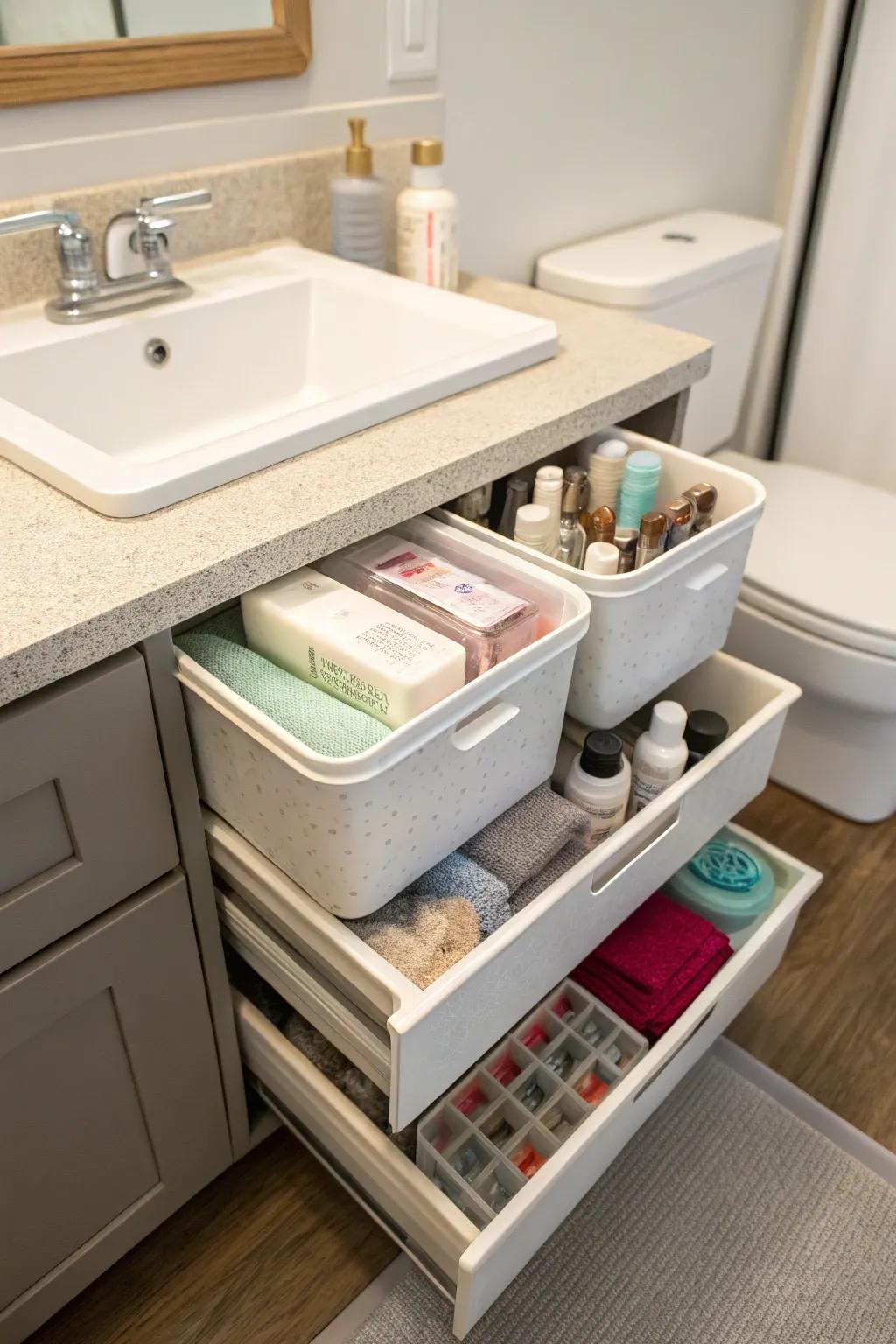 A bathroom drawer with stackable bins organizing small items like cotton balls and Q-tips.