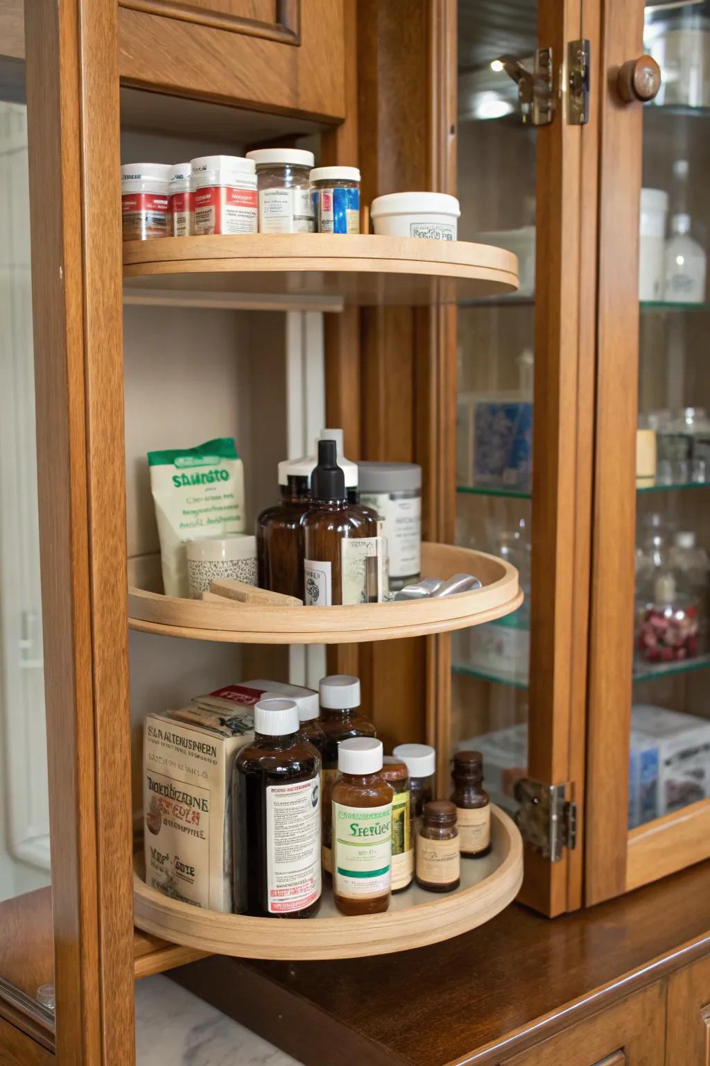 A Lazy Susan offers easy access to all cabinet items.