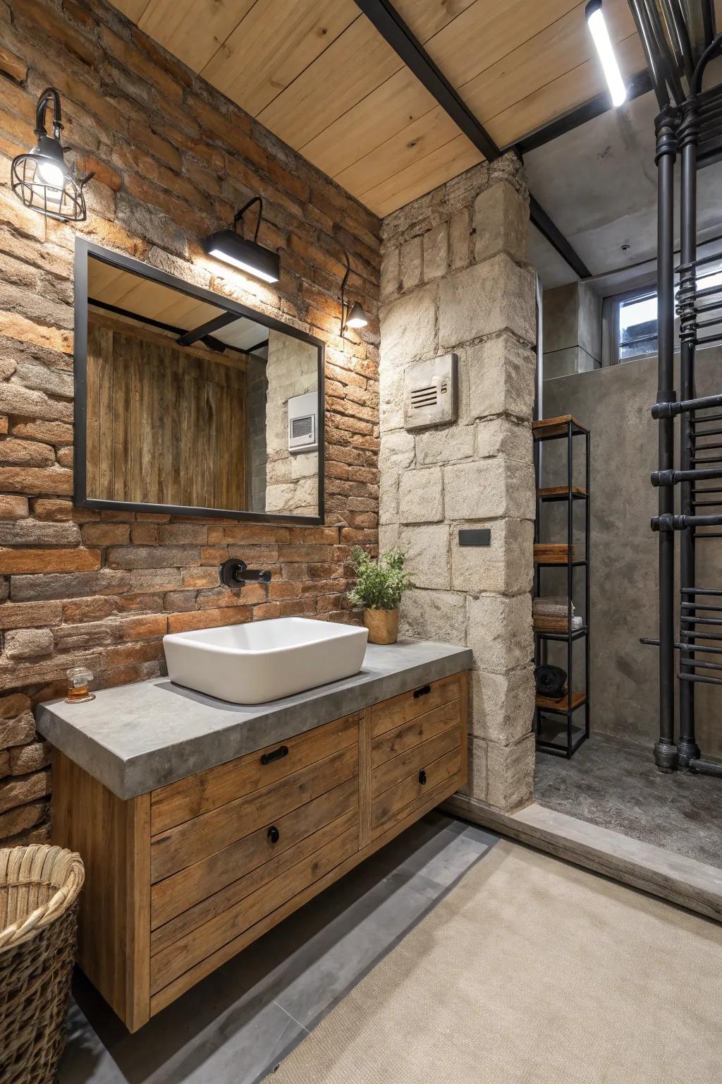 Raw materials like stone and wood anchor the industrial look.