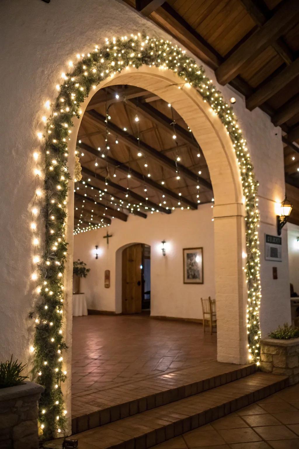 Twinkling fairy lights add a magical ambiance to this archway.