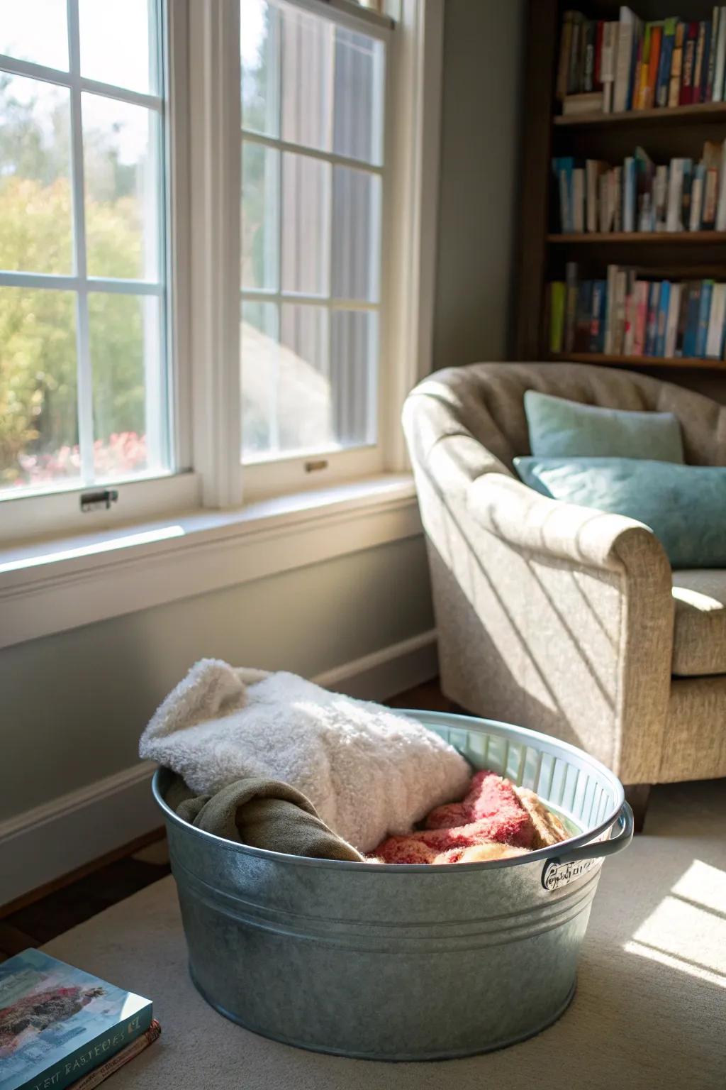 A galvanized bucket provides a snug bed for pets.