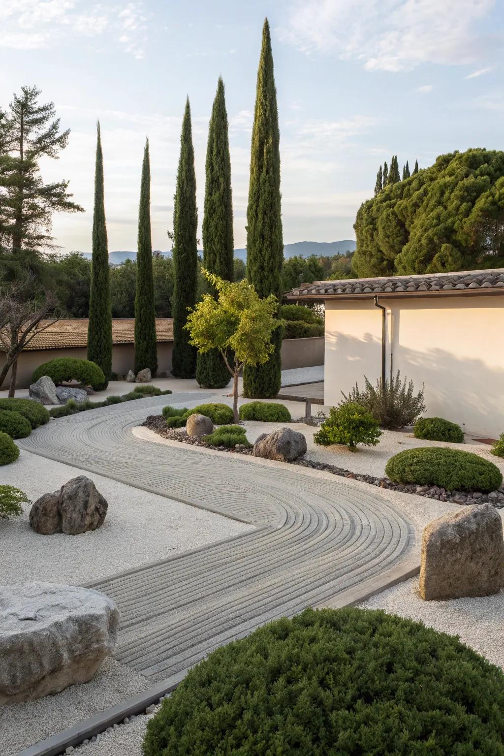 Introduce calm and elegance to Zen gardens with Italian cypresses.