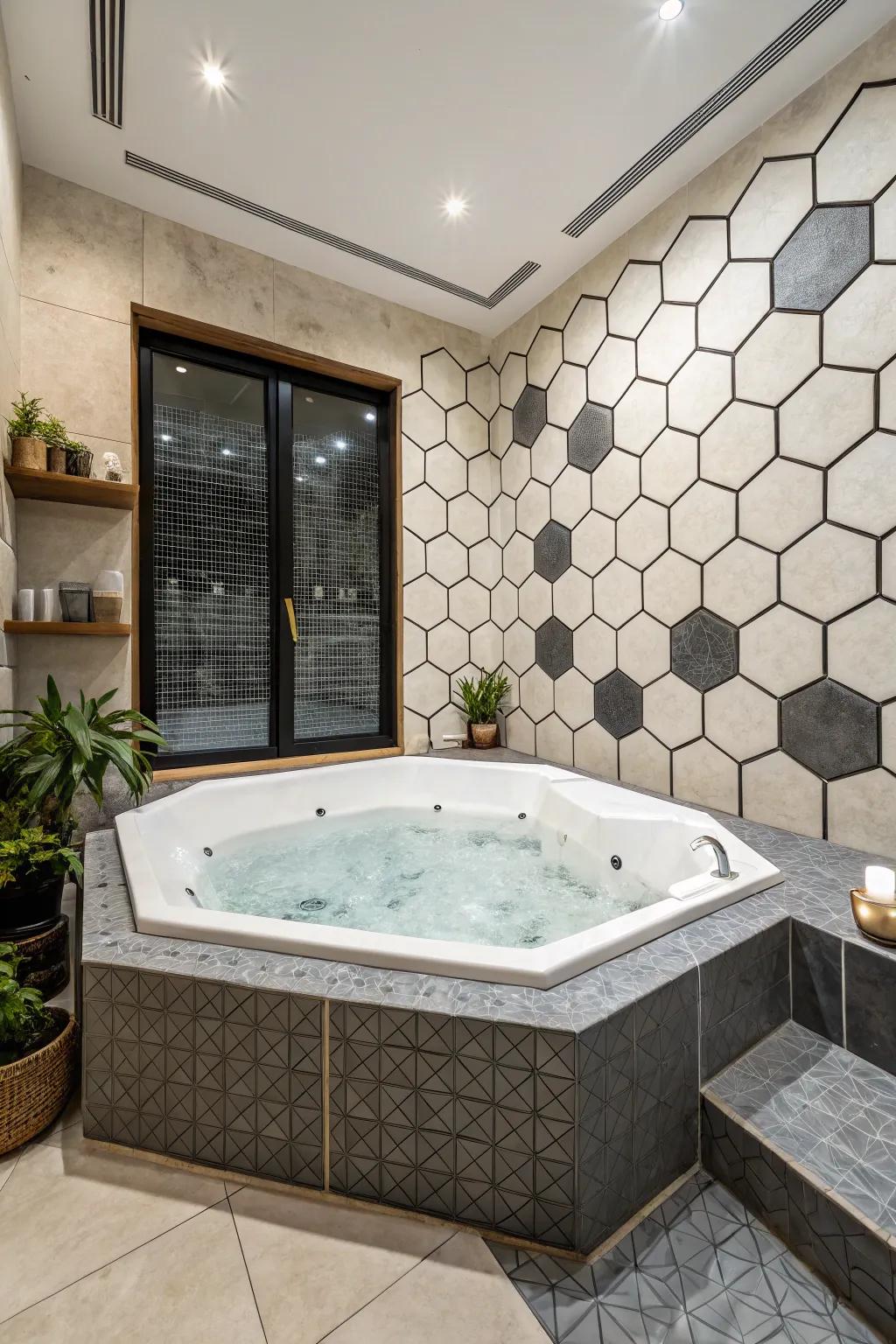 Geometric tiles add modernity with bold shapes and dynamic lines.