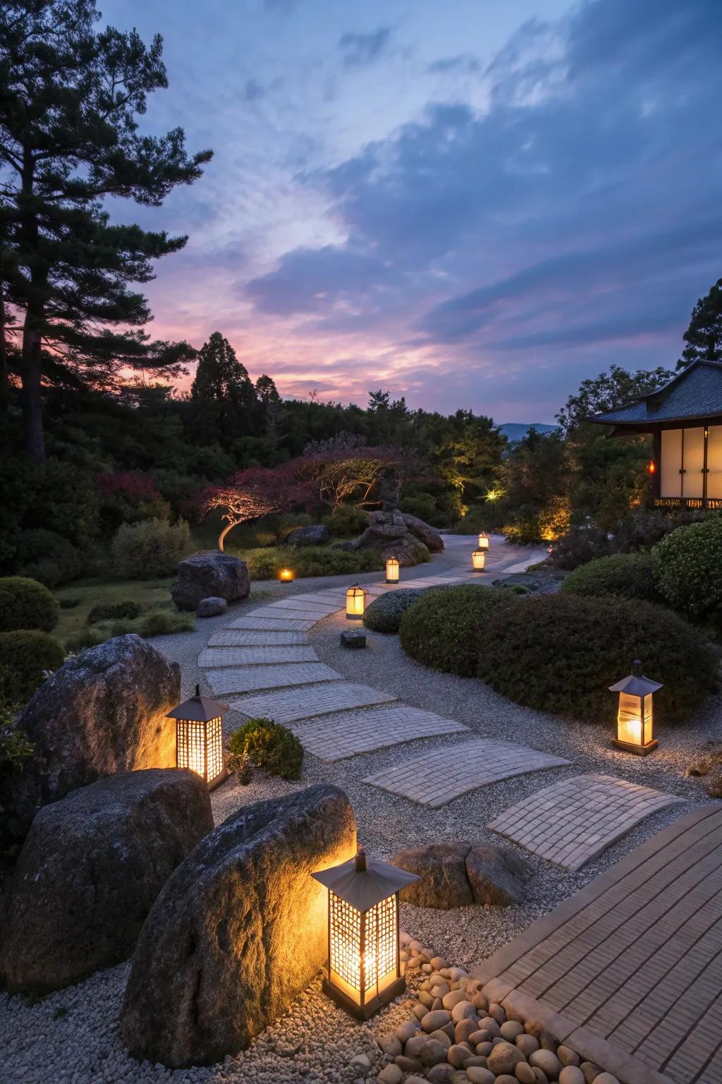 Soft lighting enhancing a zen garden at night.