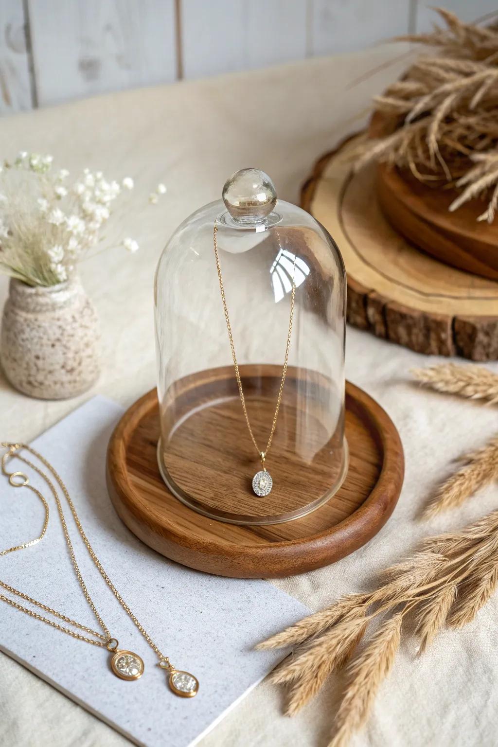 Elevate your craft show display with a touch of elegance and simplicity under a glass cloche.