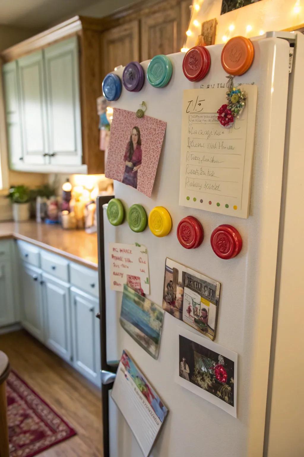 Decorate your fridge with vibrant magnets made from jar lids.