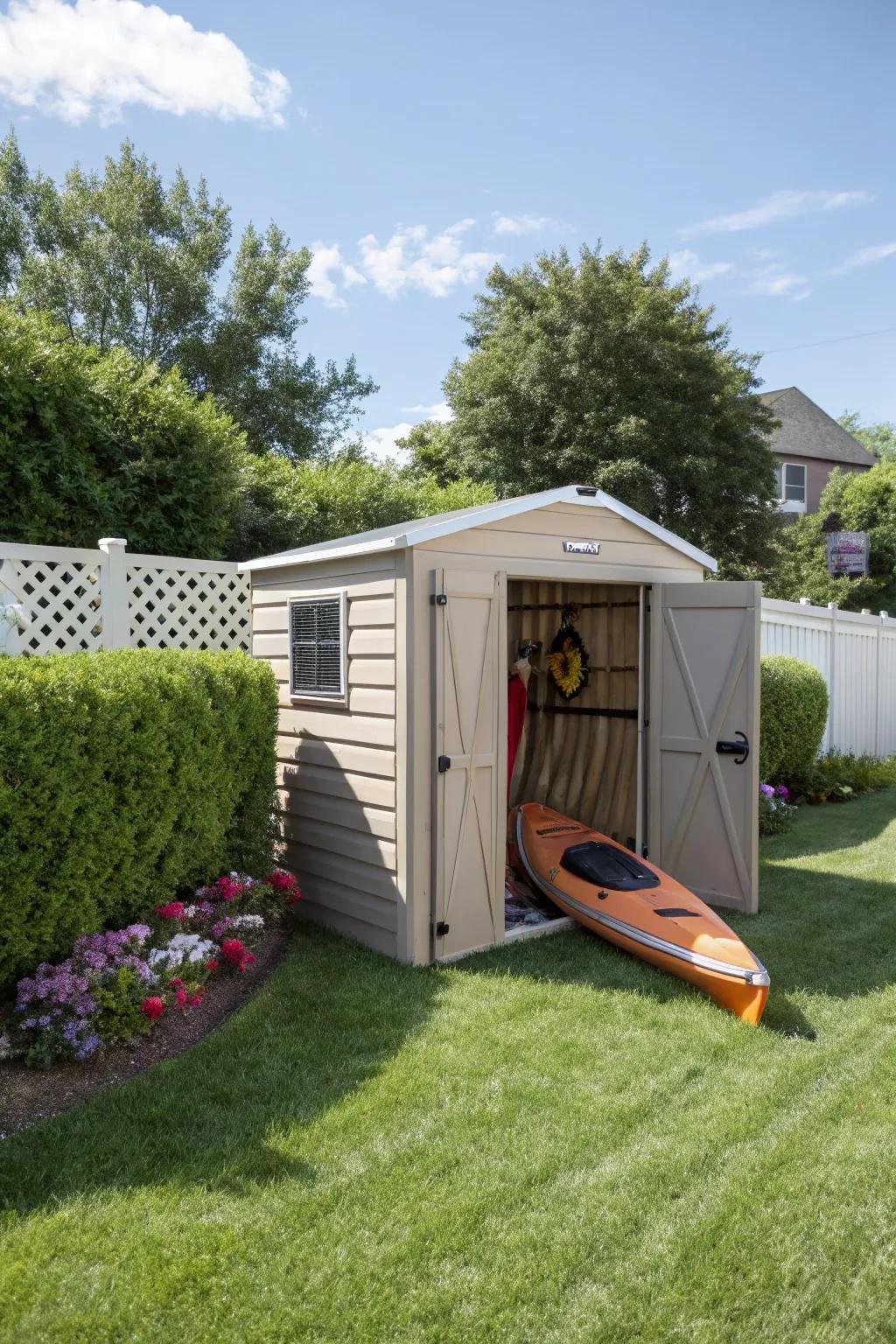 A kayak storage shed providing complete protection in a backyard.