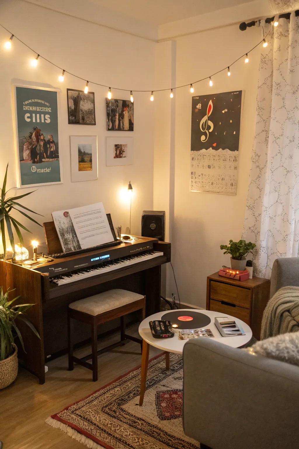 A music corner adds an interactive element to the keeping room.