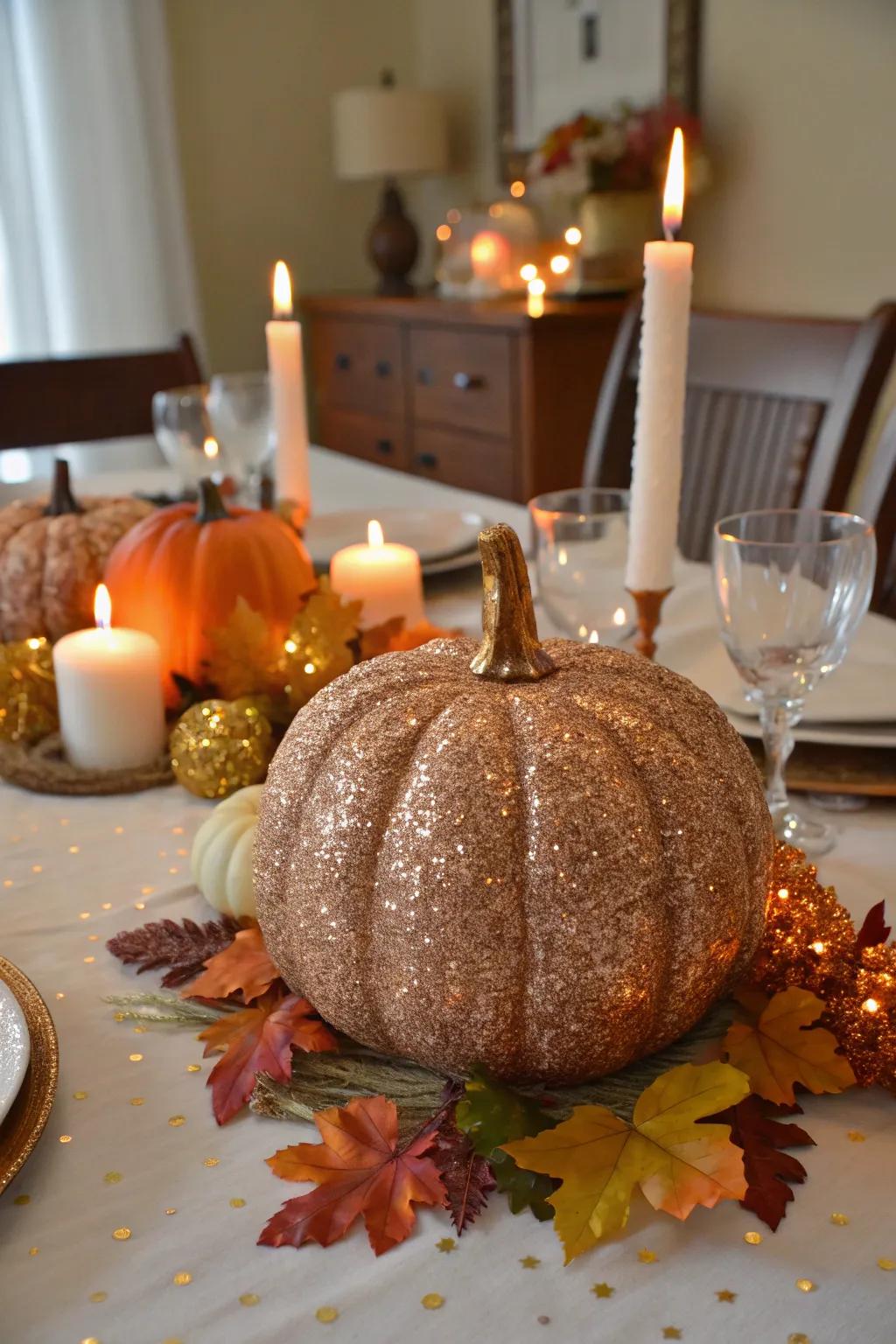 Glitter adds a touch of glam to this festive pumpkin.