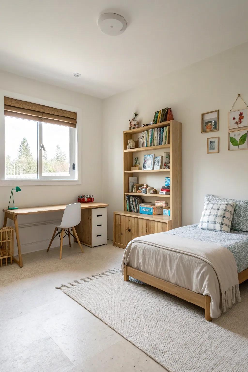 A minimalist bedroom that balances simplicity with functionality.