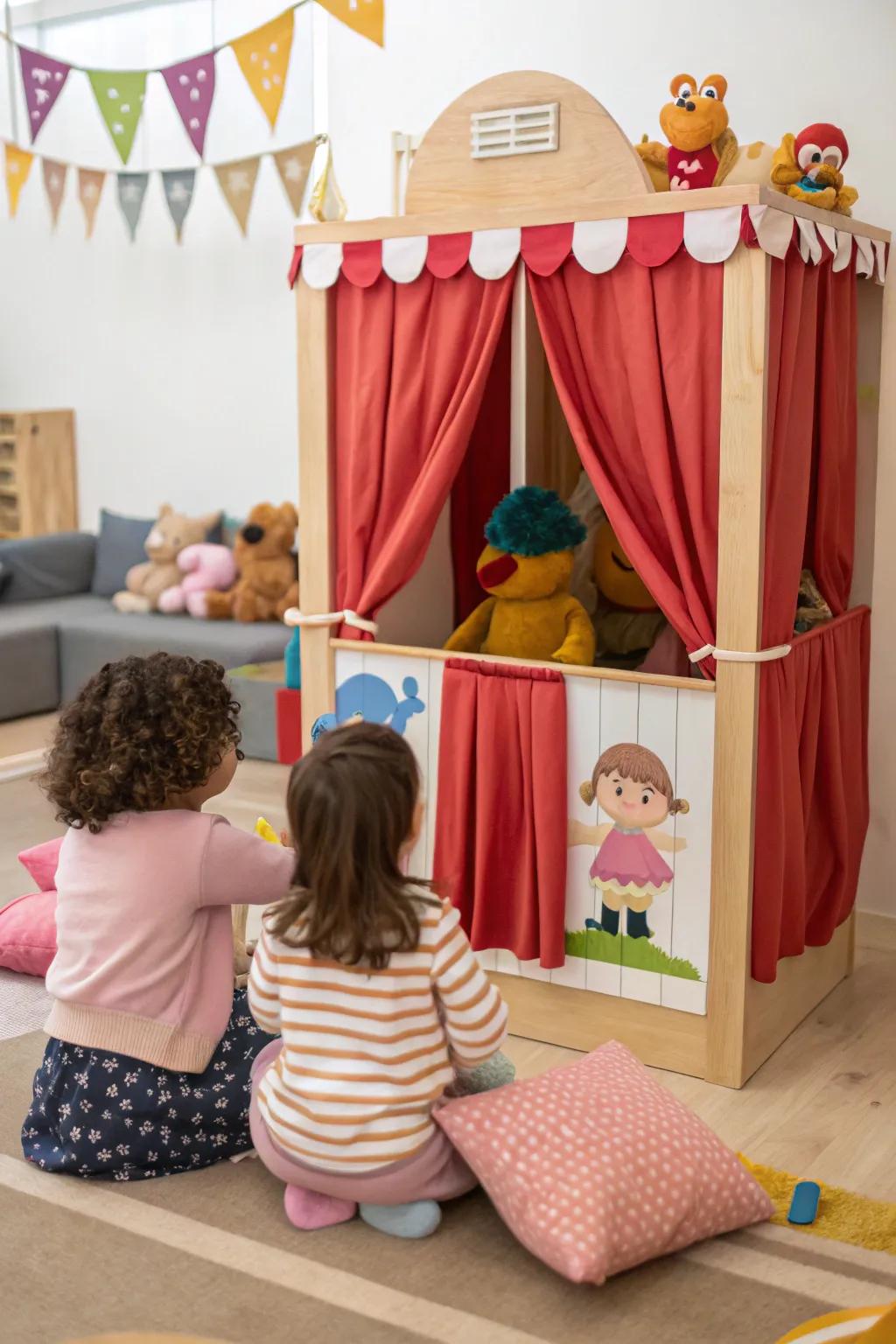 A puppet theater encourages creative storytelling and play.