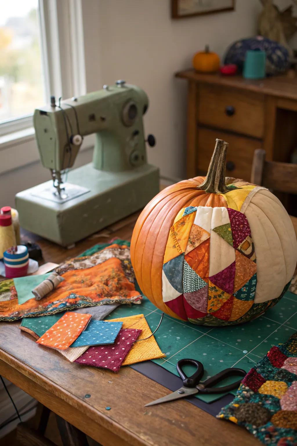 A fabric-covered pumpkin, blending textures and colors beautifully.