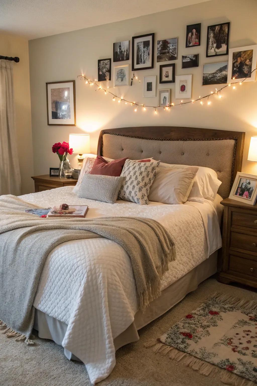 Personal touches make this king bed setup feel warm and inviting.