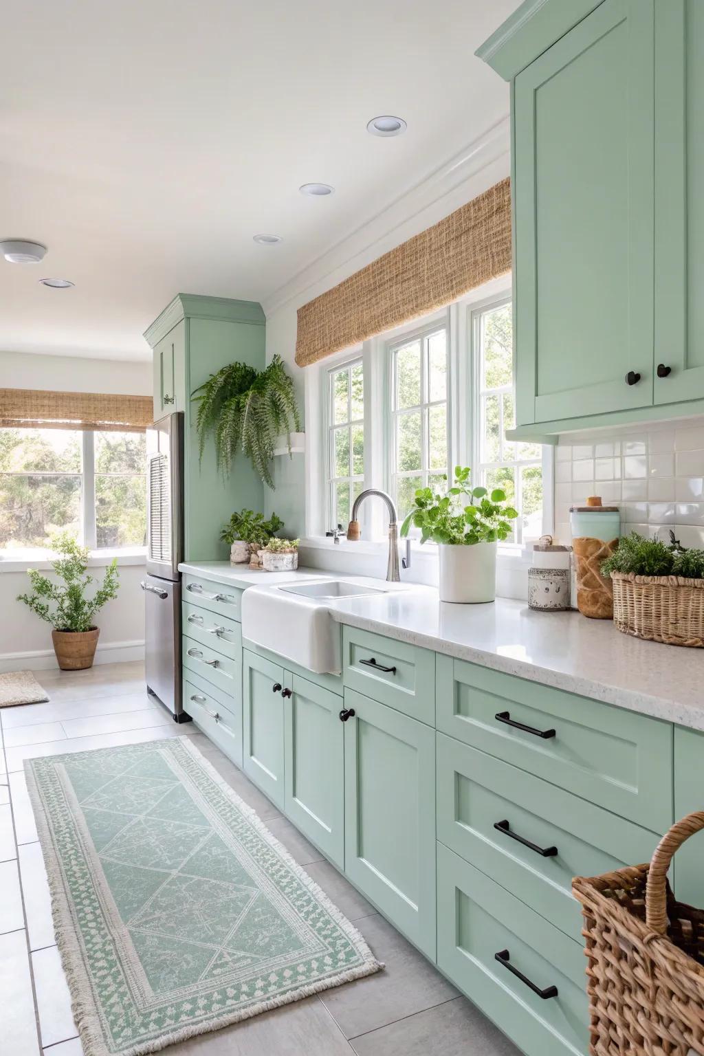 Cool mint green cabinets evoke a fresh and airy atmosphere.