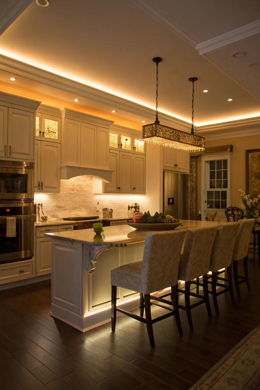 Crown molding hides LED strips for a sophisticated kitchen lighting effect.