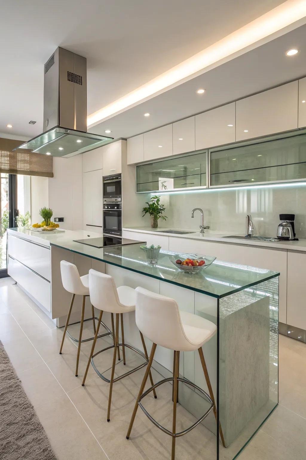 Glass countertops offer a sleek, modern look with light-reflecting properties.