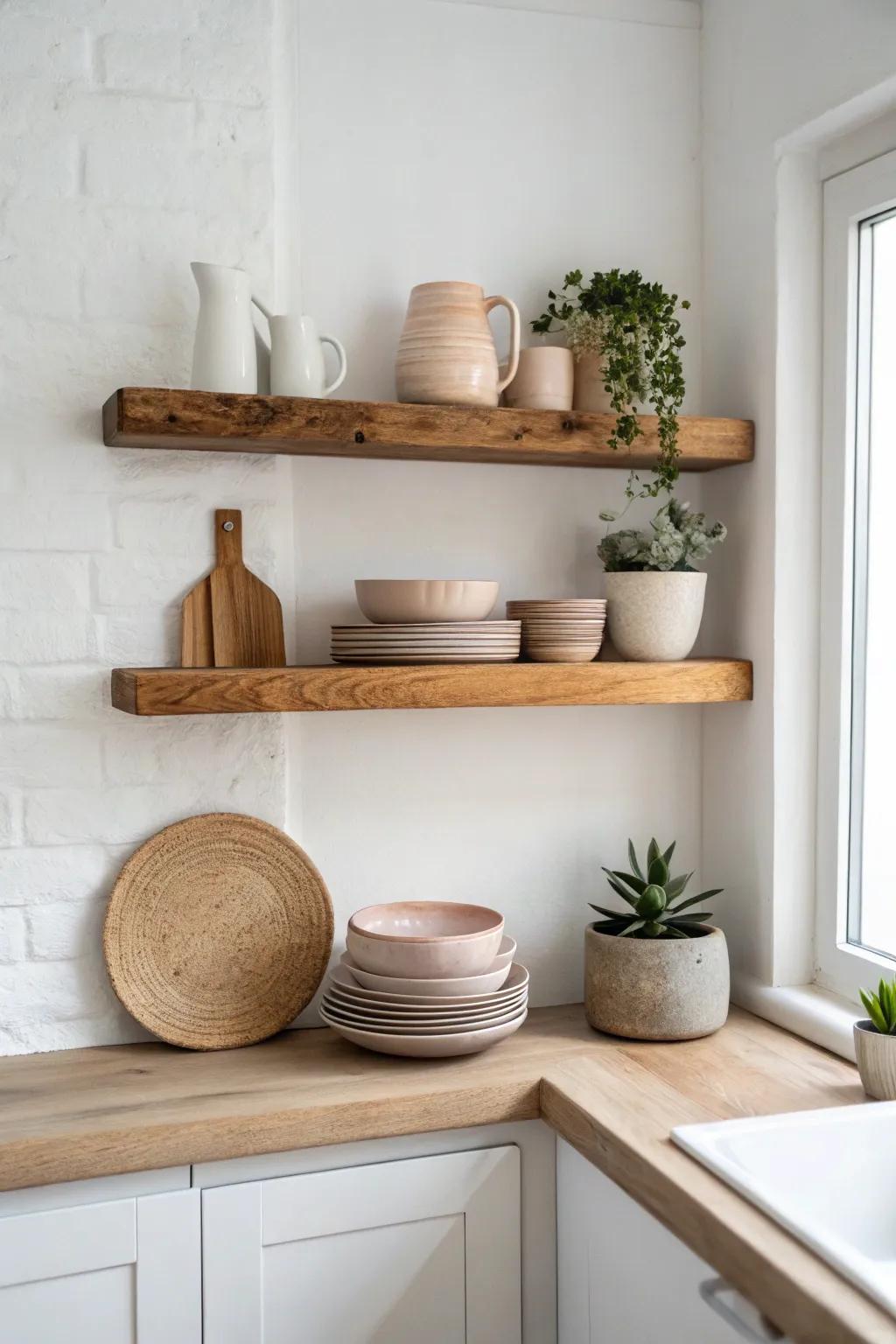 Elevate your kitchen decor with a beautifully styled floating shelf — a perfect blend of functionality and aesthetics.