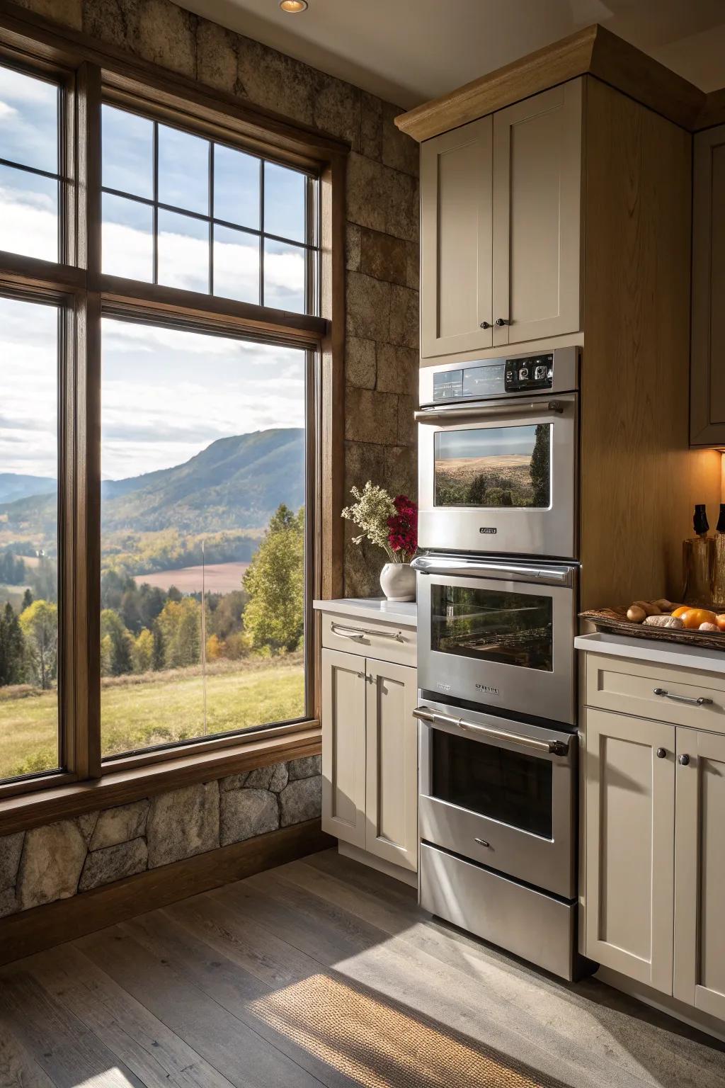 Double ovens under a window, filling the kitchen with natural light.