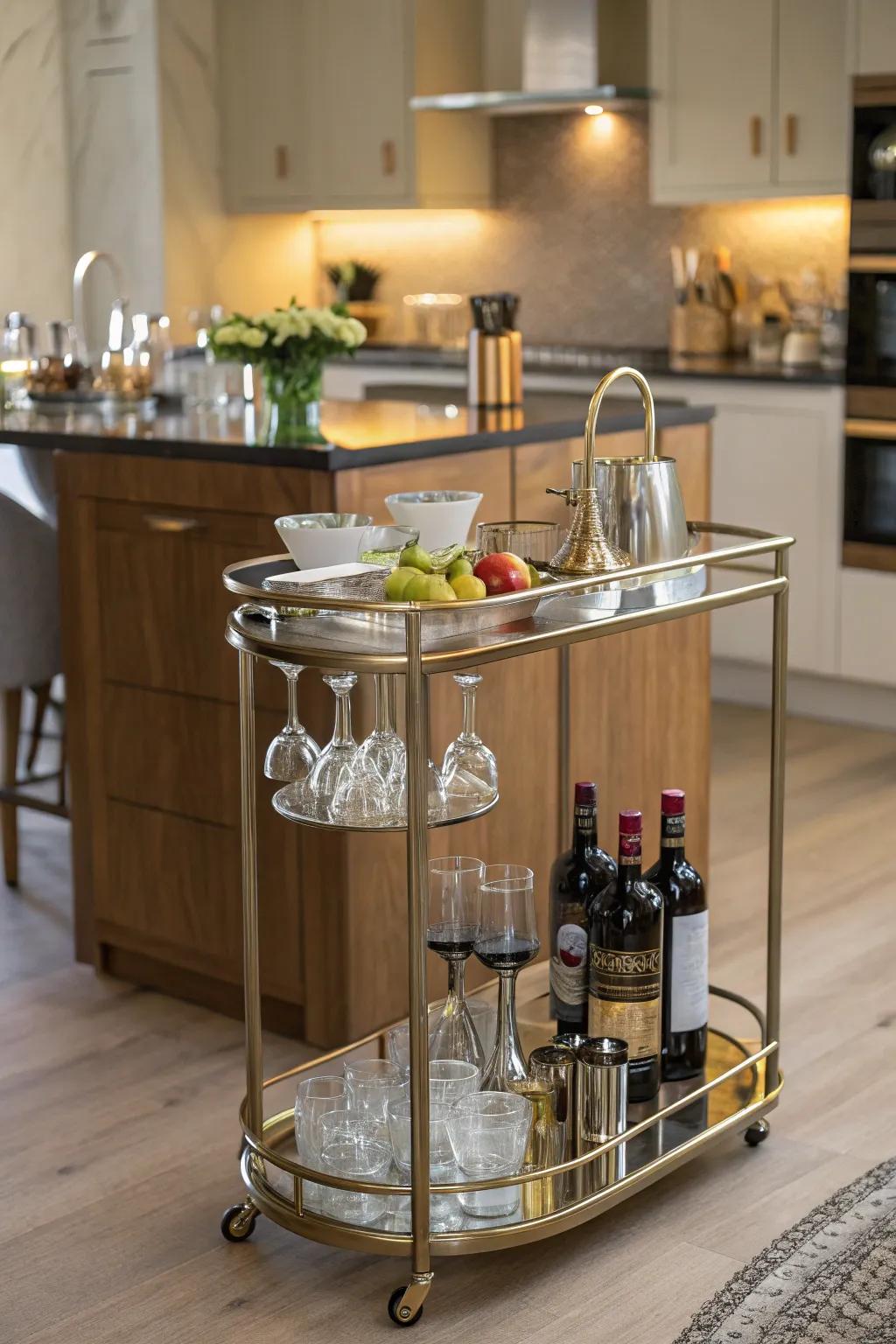 A stylish bar cart that enhances the kitchen's versatility.