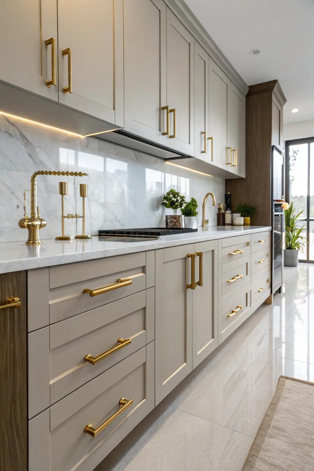 Stylish hardware adds a refined touch to kitchen cabinets.