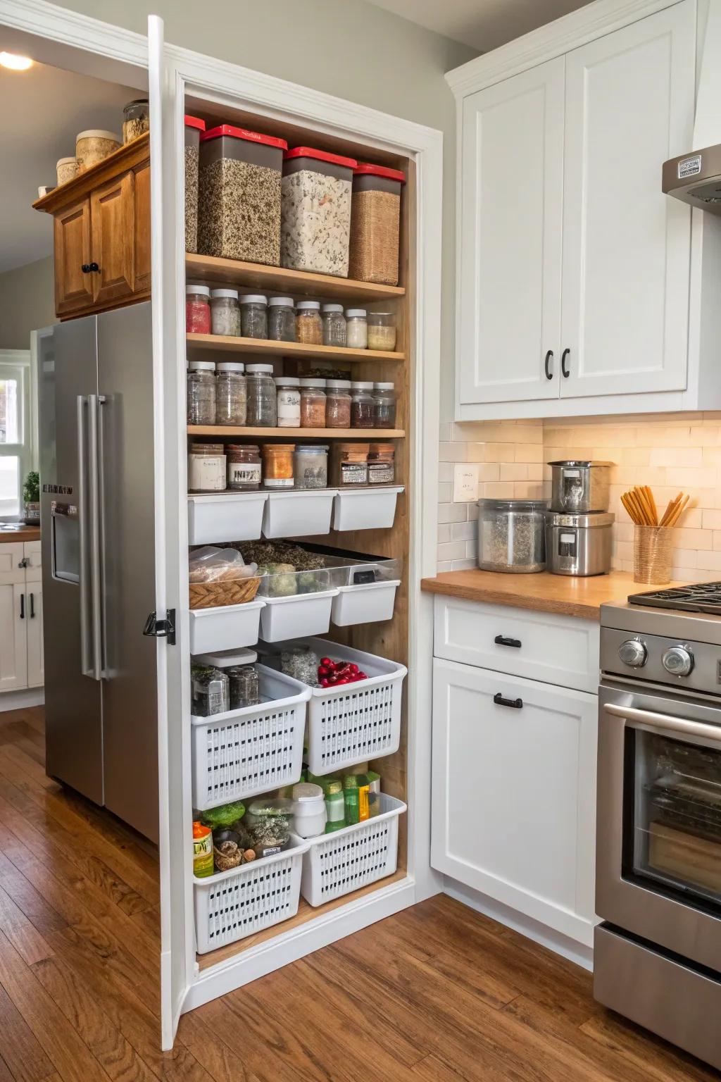 Transform cabinets into a functional pantry with clever organizers.