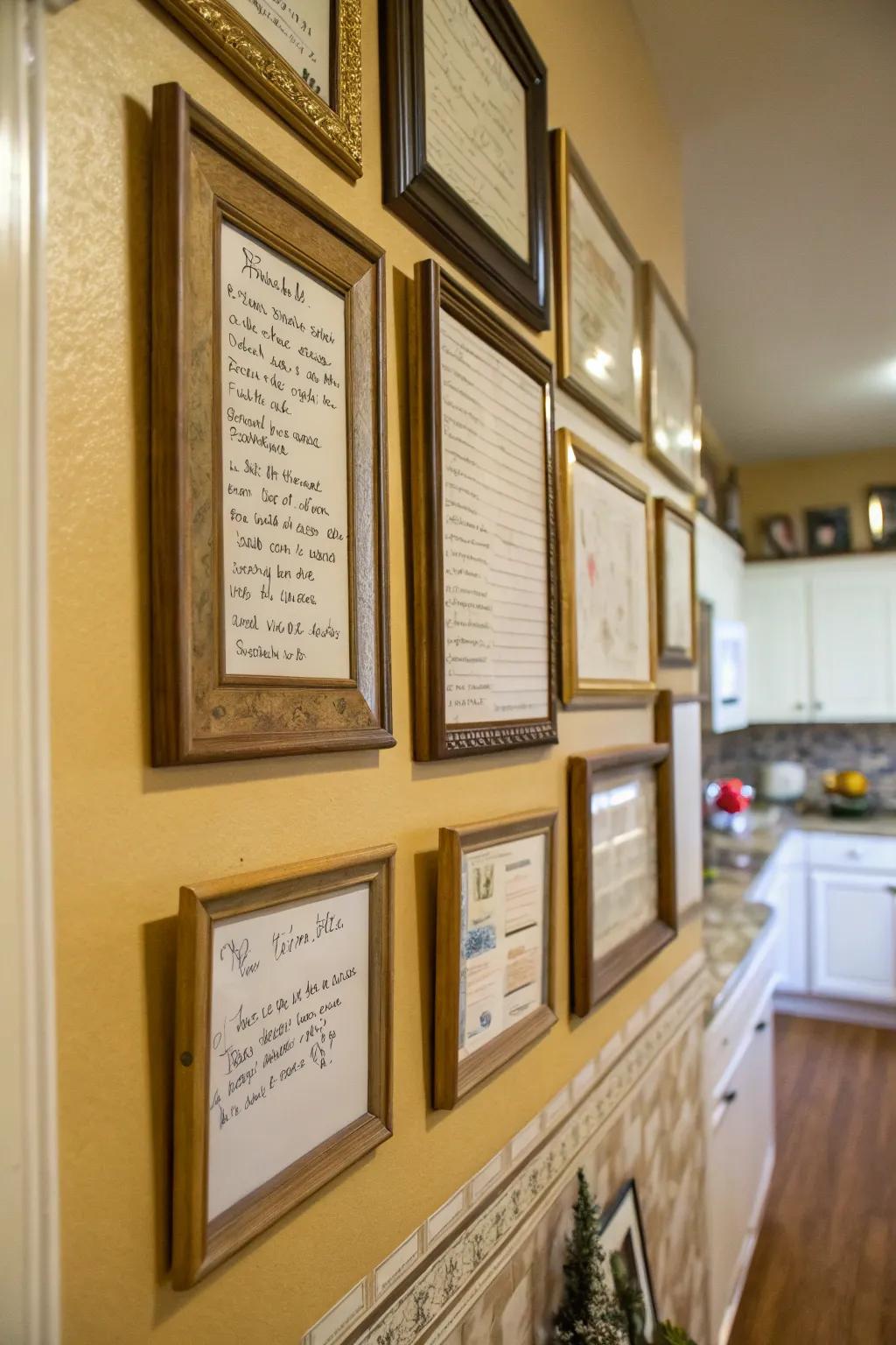 Framed recipe cards add a personal and nostalgic touch to the kitchen.