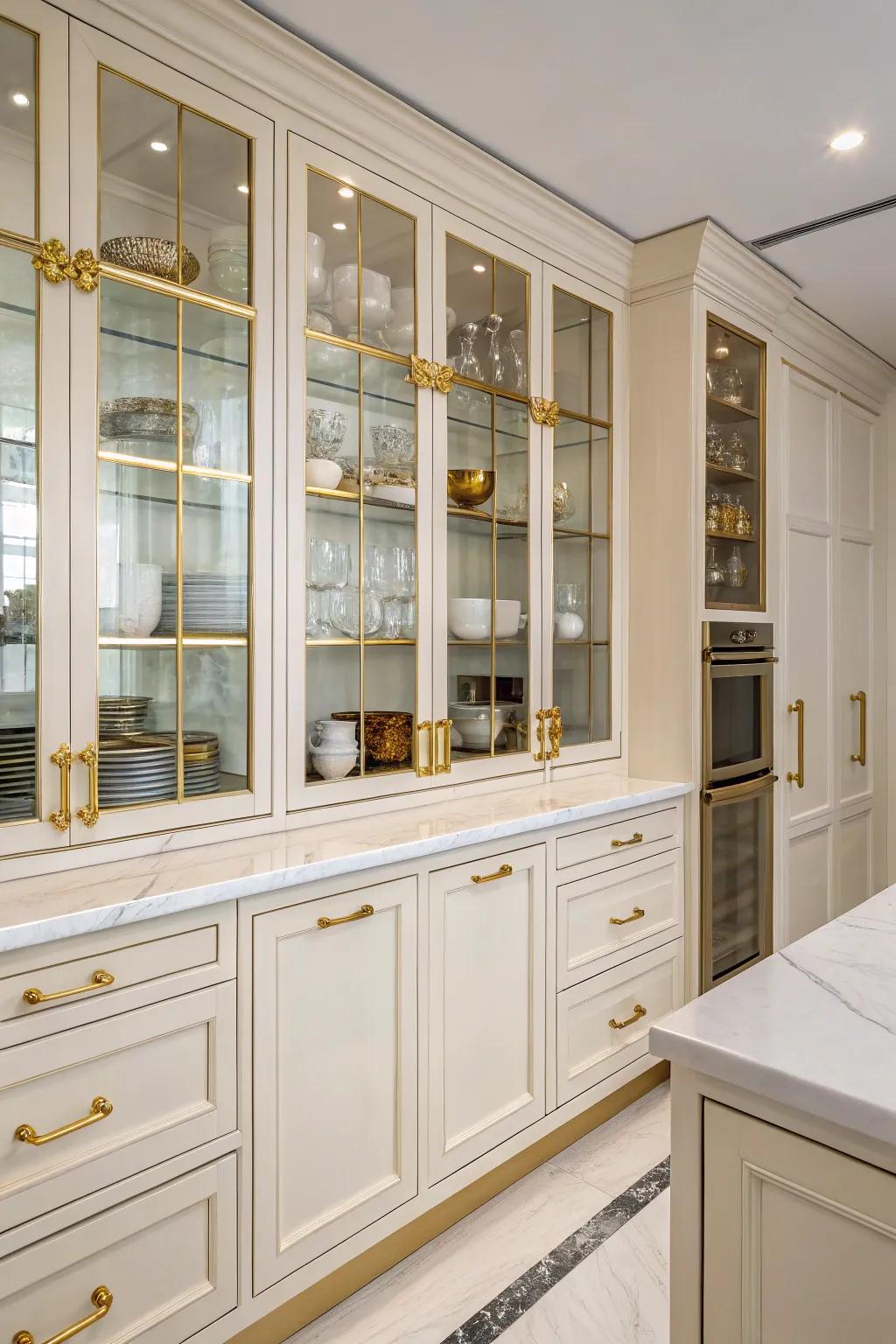 Gold hardware and glass-front cabinets create an airy and elegant kitchen feel.