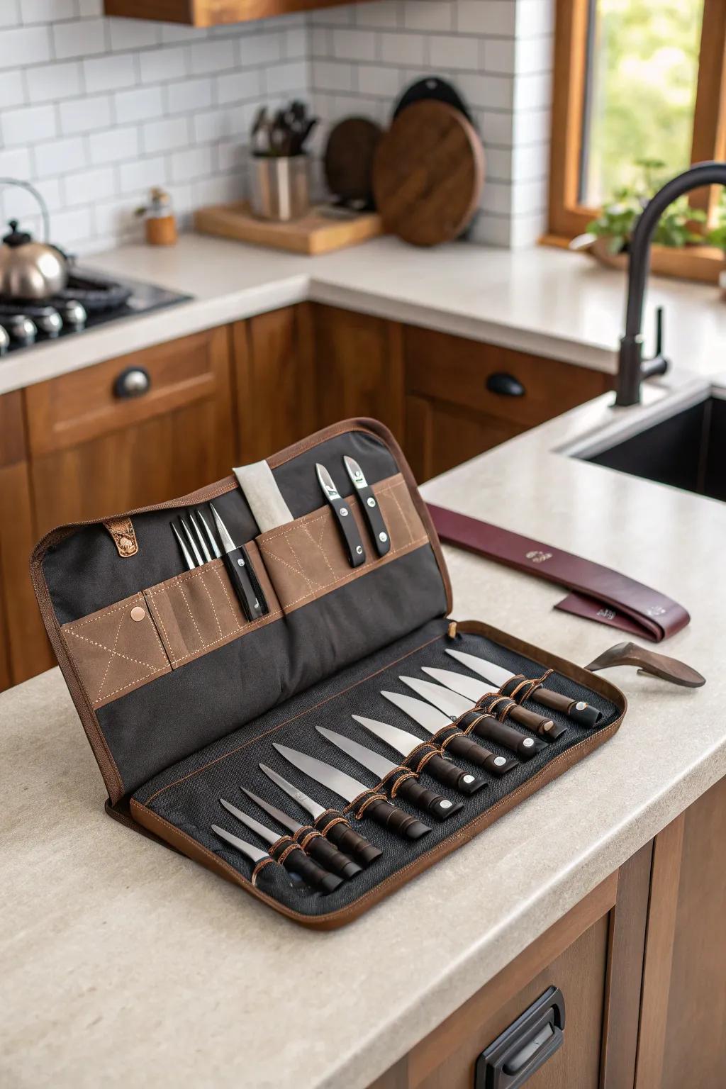 A knife roll display combining portability with elegance.