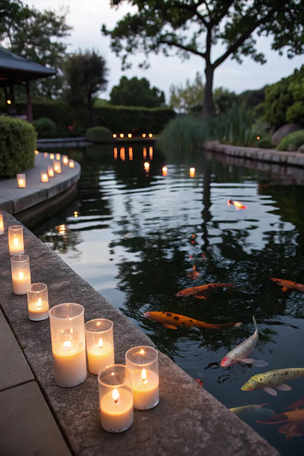 Floating candles add a romantic touch to the pond's ambiance.