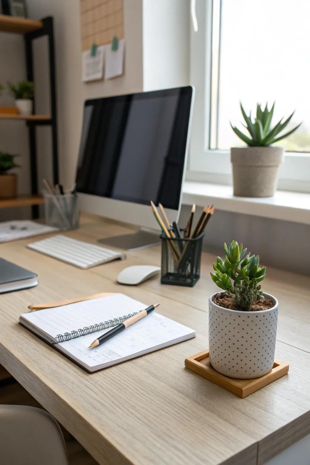 Plants bring freshness and a calming influence to your desk.