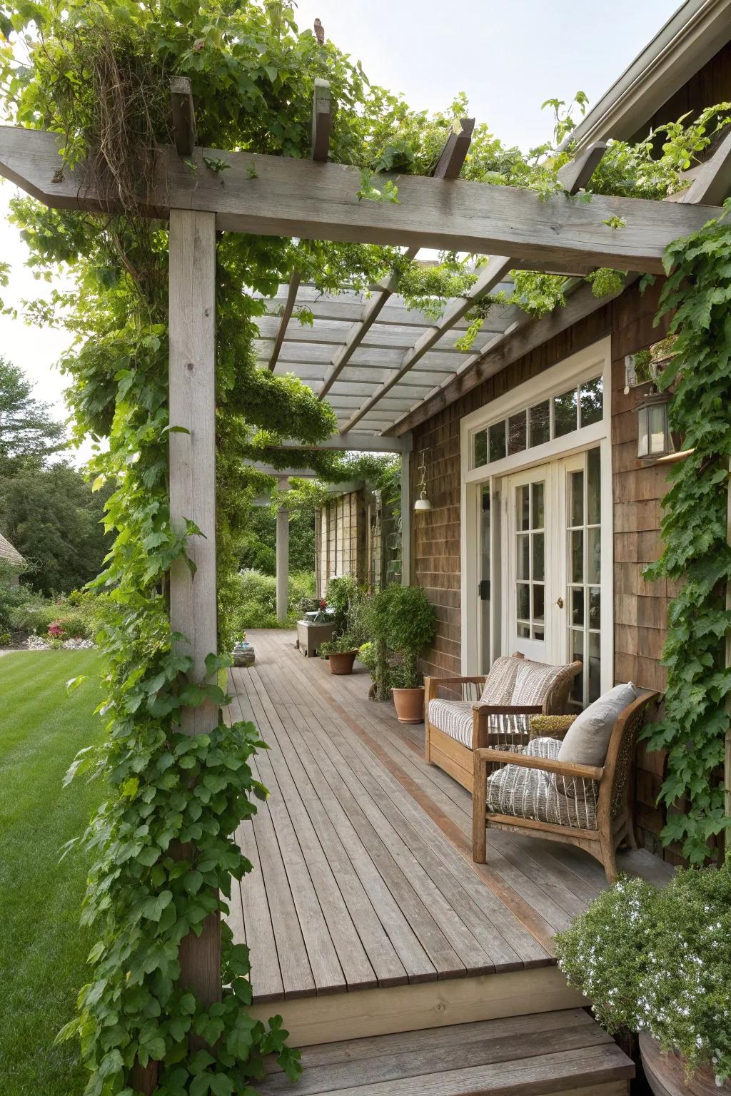 Trellises enhance privacy and add greenery.