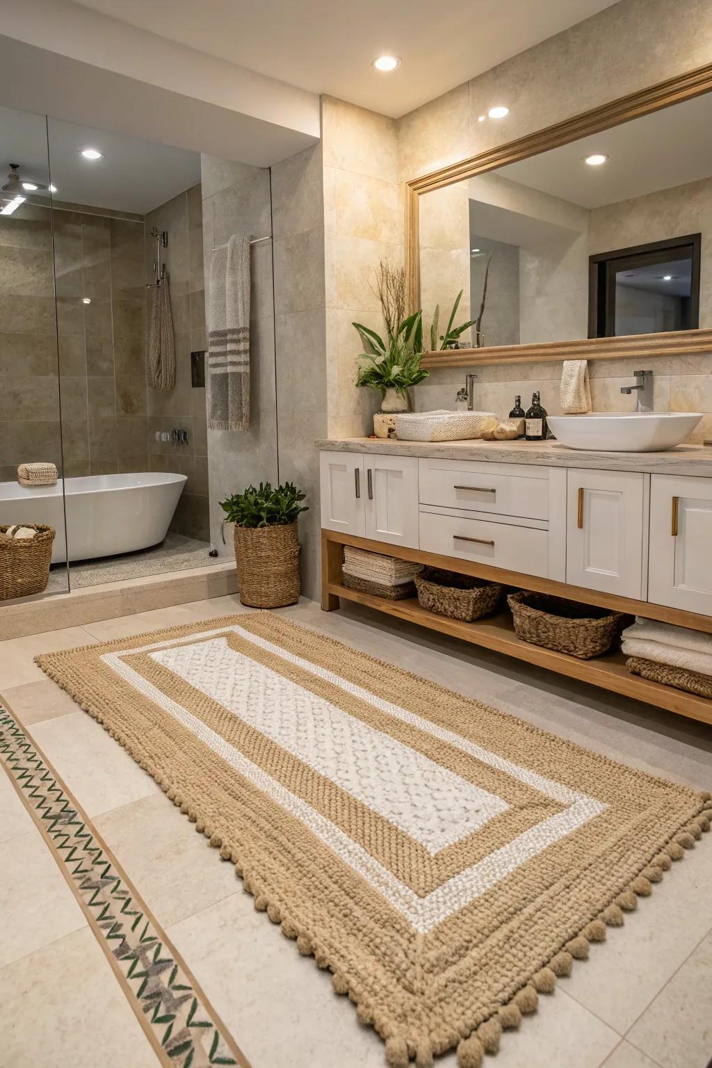 Woven rugs provide texture and warmth to any bathroom setting.