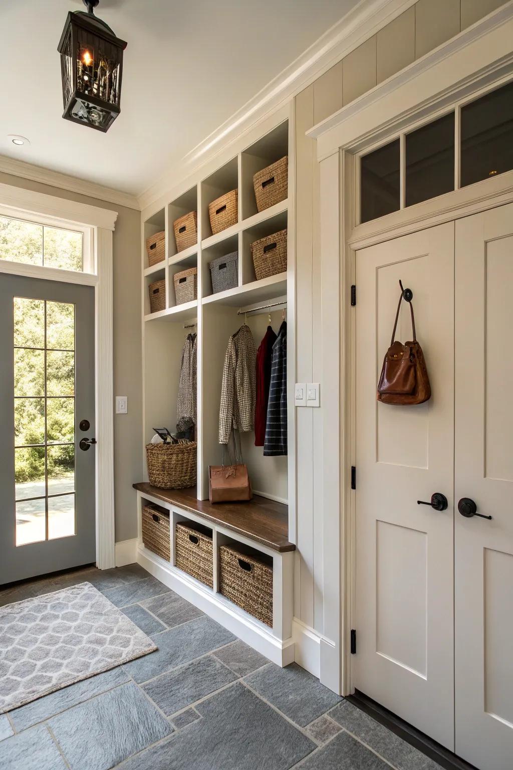 Built-in storage keeps entryways organized and tidy.