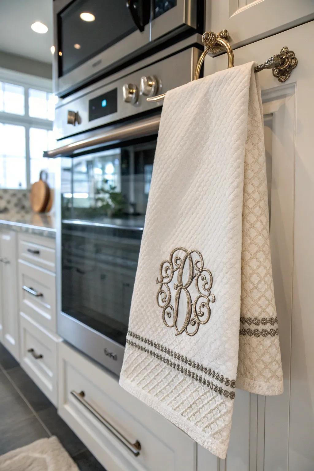 A monogrammed kitchen towel that combines style and function.