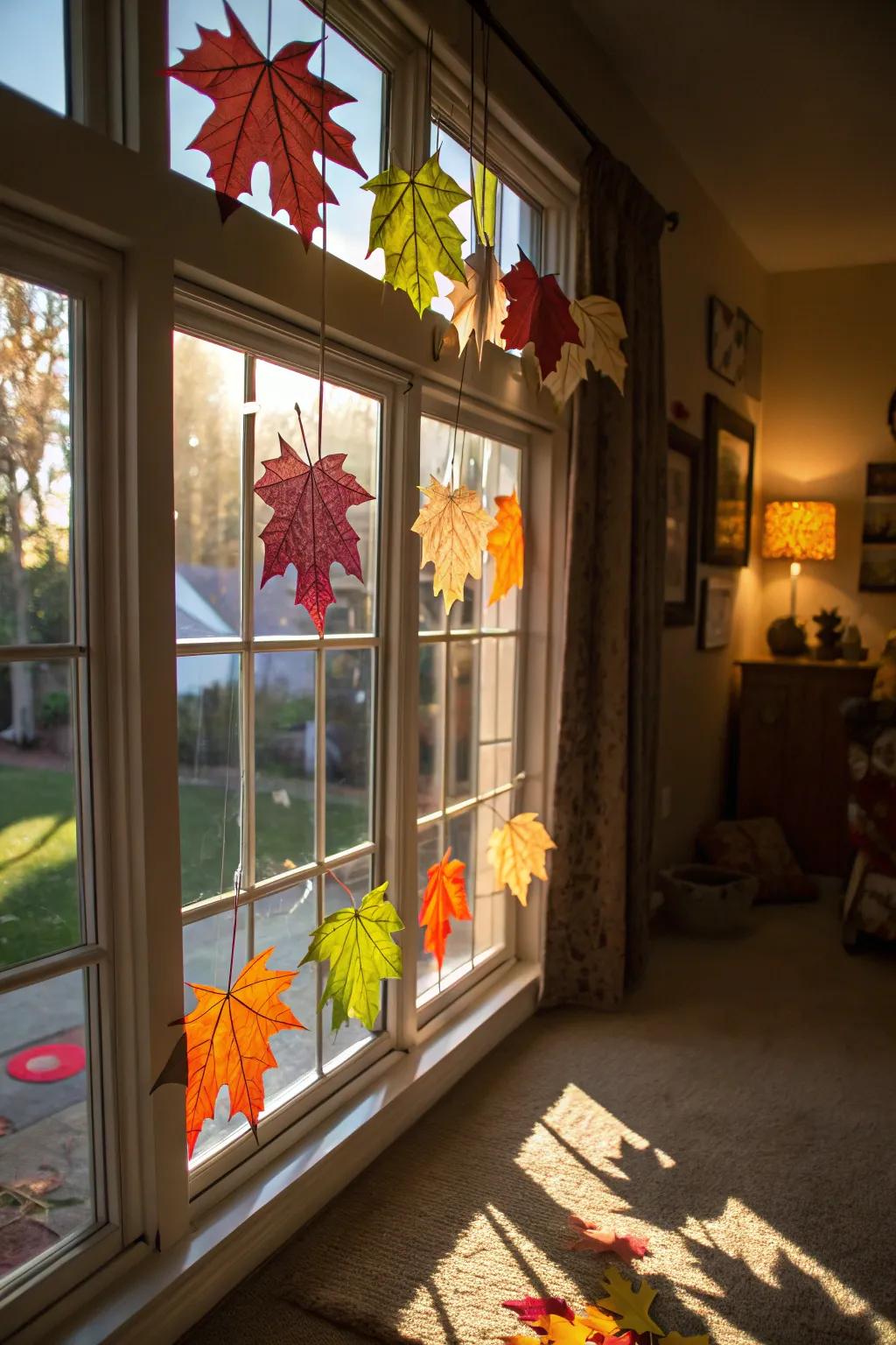 Leaf suncatchers casting colorful patterns in the sunlight.