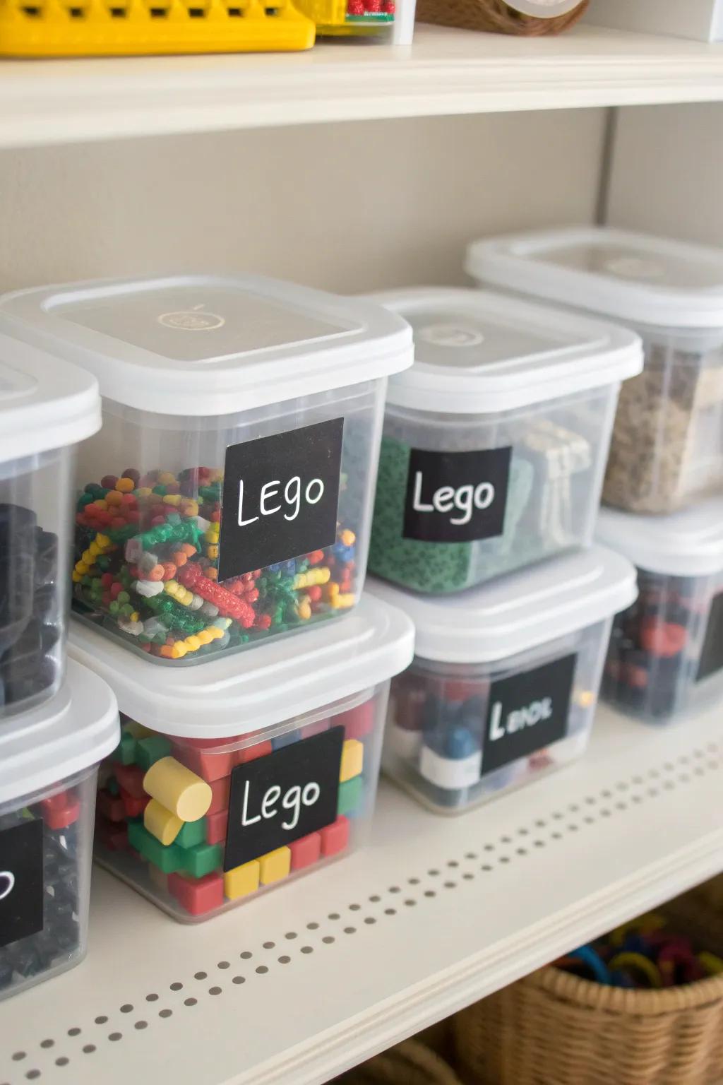 Organized Lego storage with chalkboard labels.