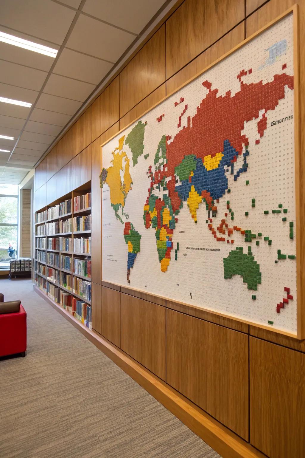 A LEGO world map mural inspires travel dreams in this study.