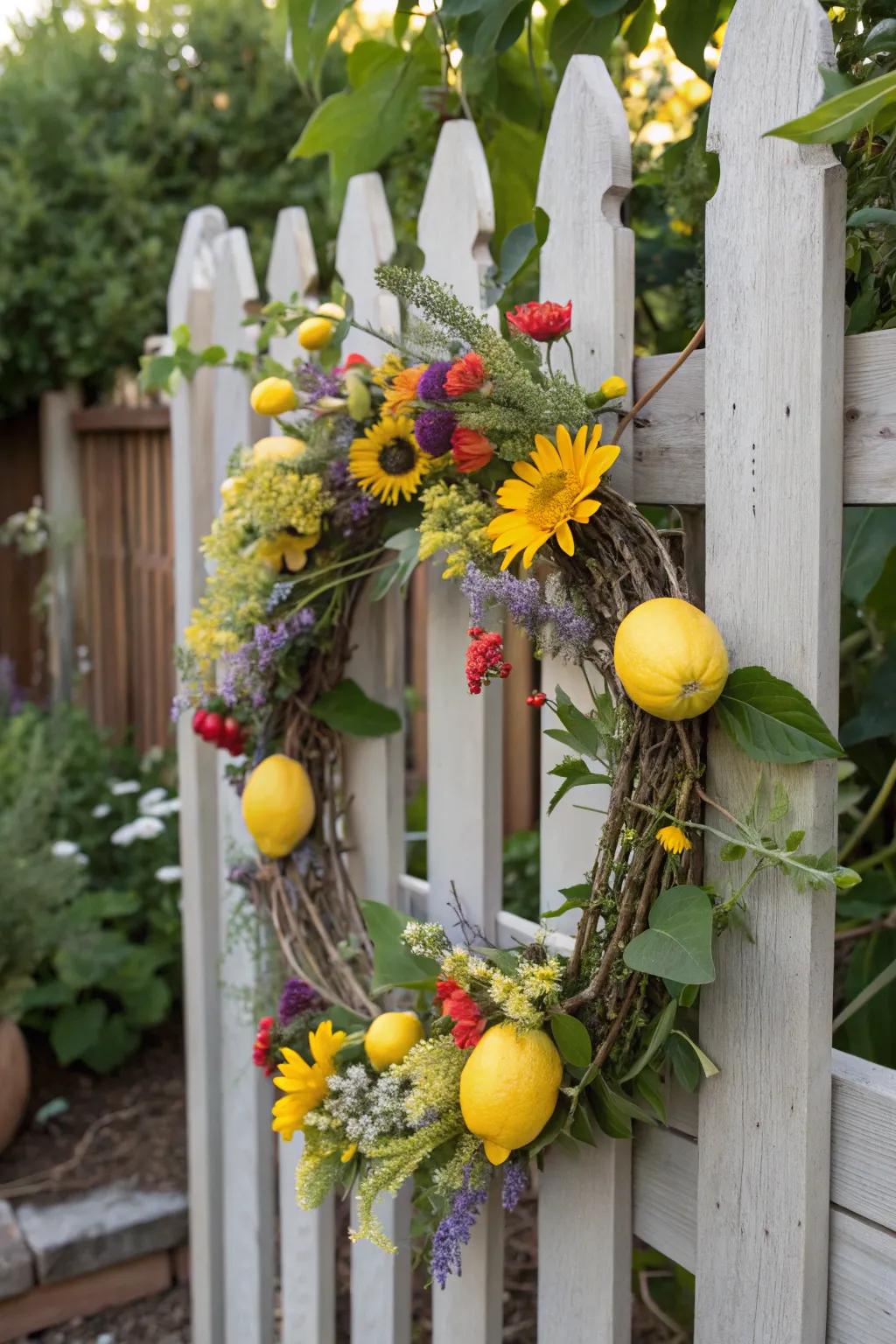 A whimsical lemon and wildflower wreath that captures nature's beauty.