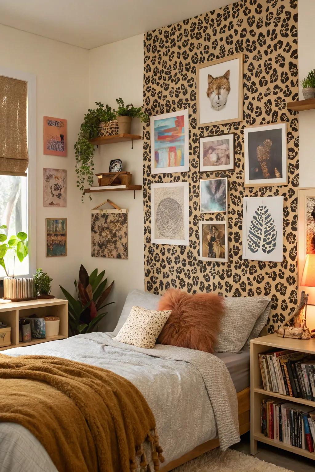 A collage of leopard print wall art adds a personal and creative flair to bedroom walls.