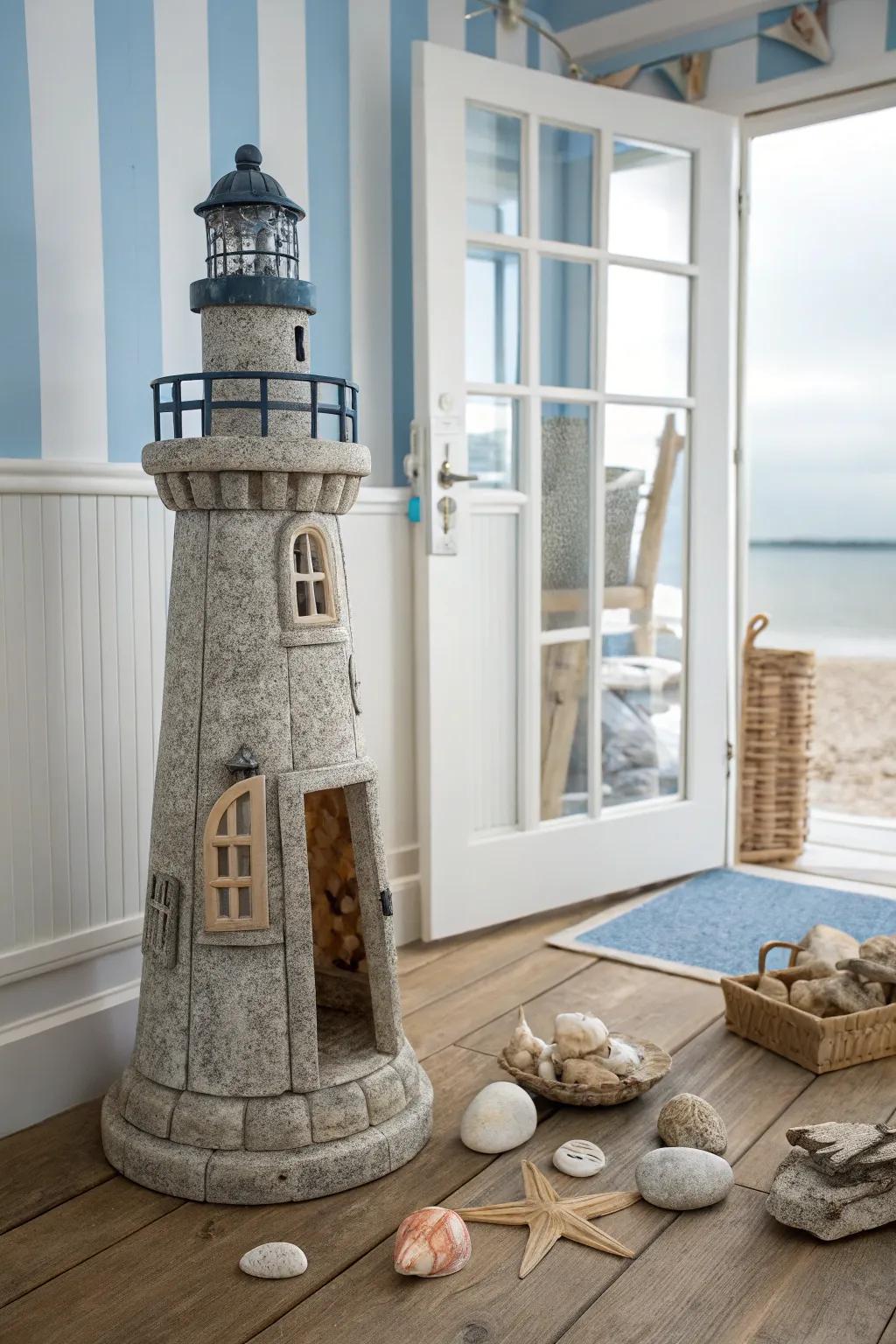 A lighthouse doorstop combines utility with coastal charm