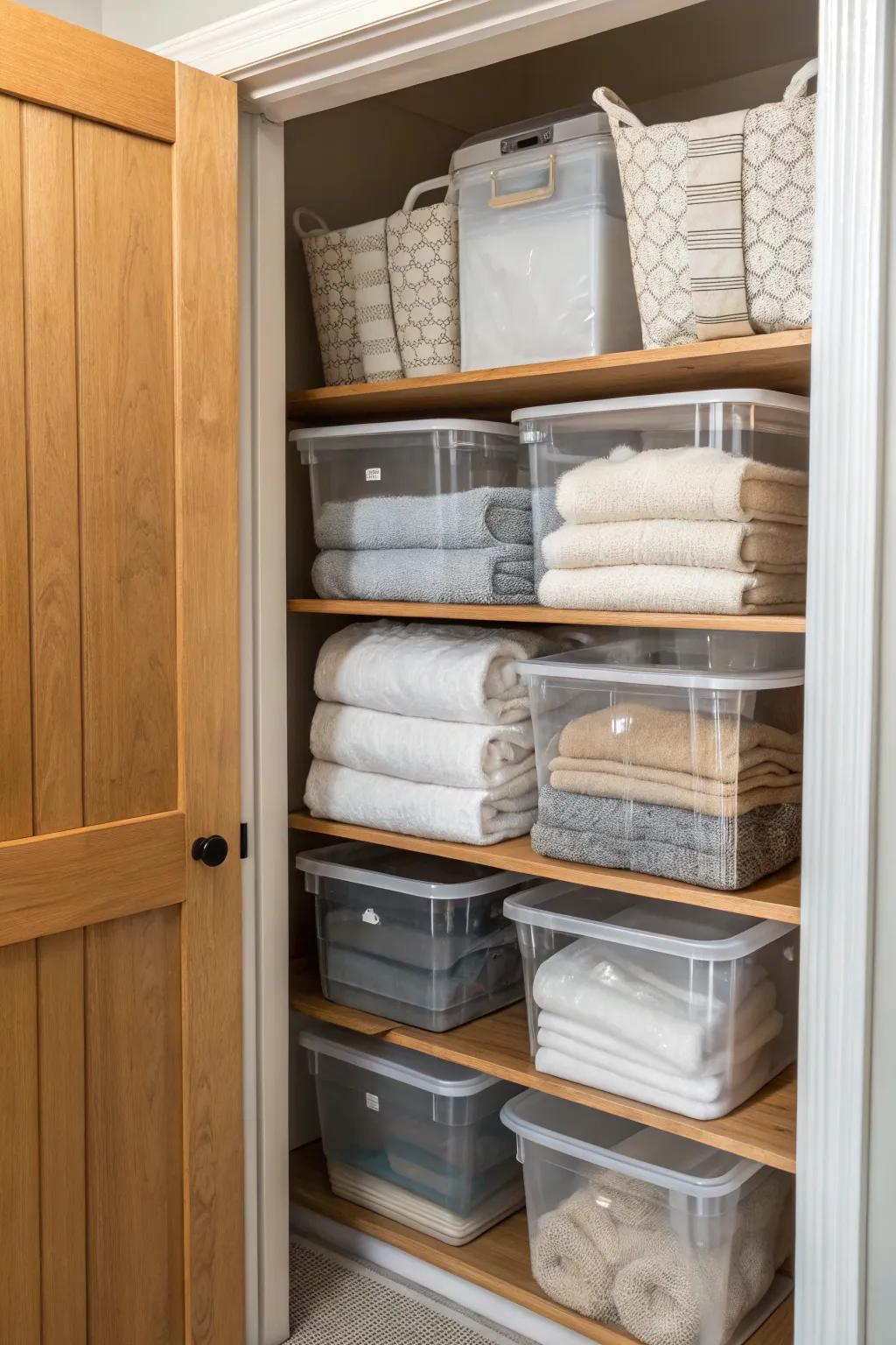 Clear bins offer visibility and ease of access to stored items.